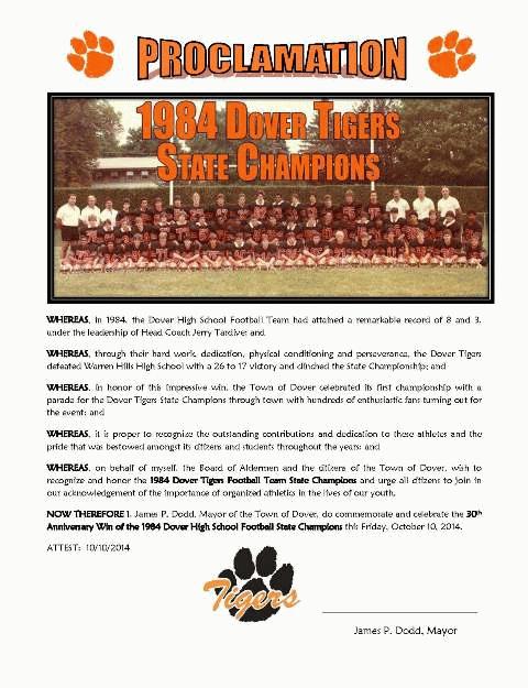 30th Anniversary of the Dover Tigers State Championship Win